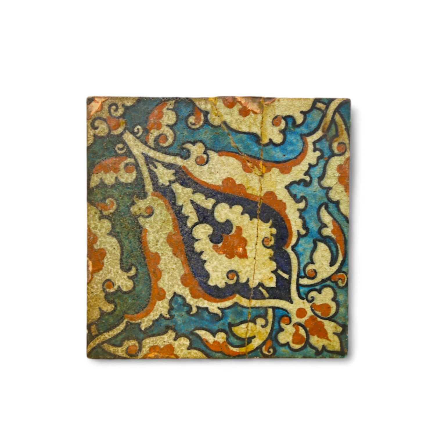 A 17th century style Iznik pottery tile, 20.5cm sq. Condition - poor